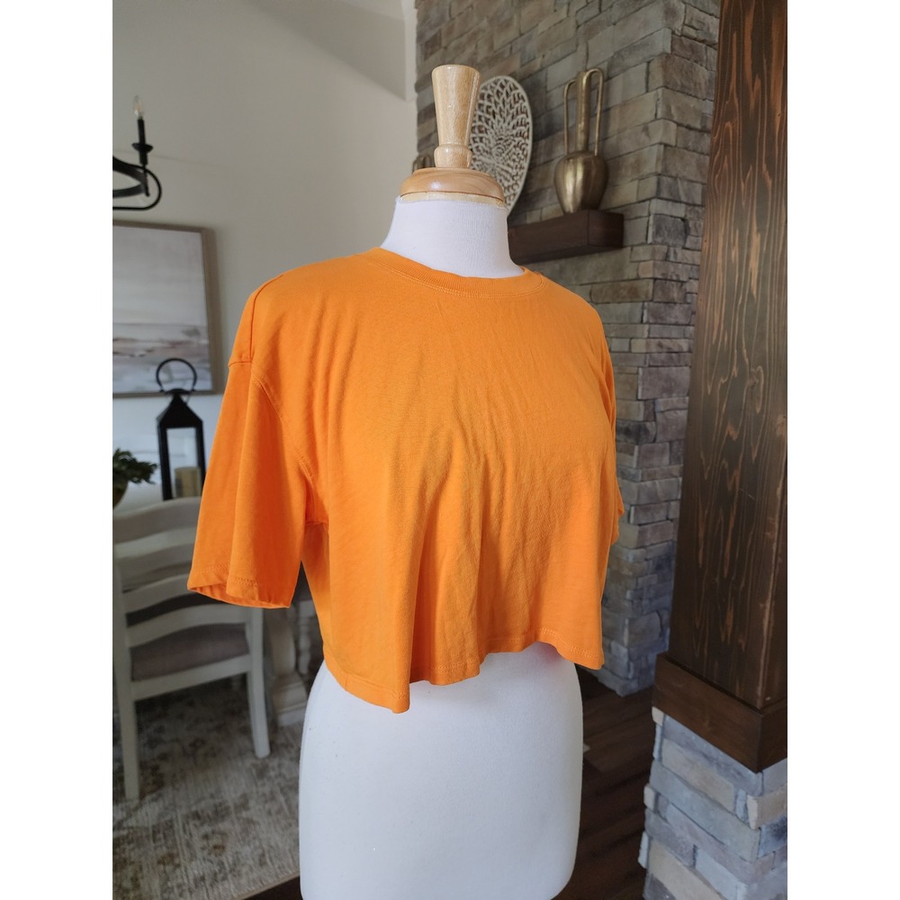 Zara Womens Medium Orange Cropped Short Sleeve 100% Cotton T-Shirt Relaxed Fit